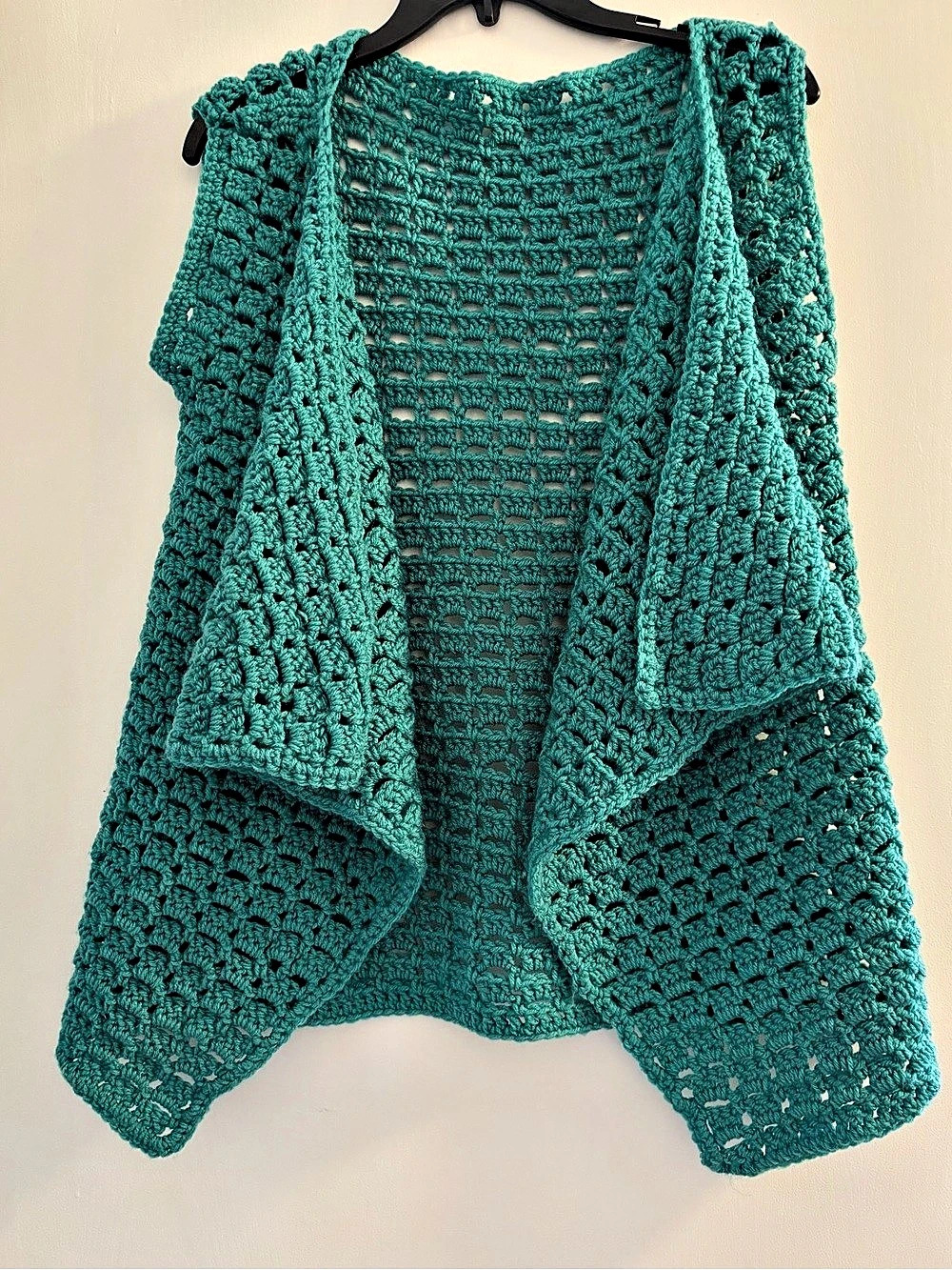 Crochet Open Front Vest in Turquoise Green